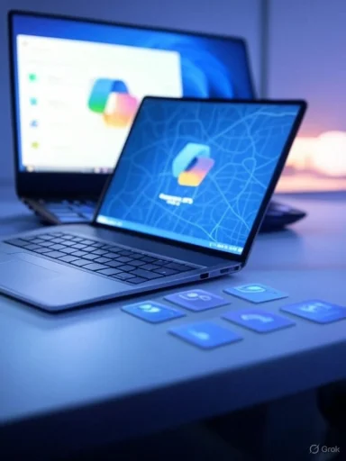 Two laptops on a desk bathed in blue light with glowing app icons.