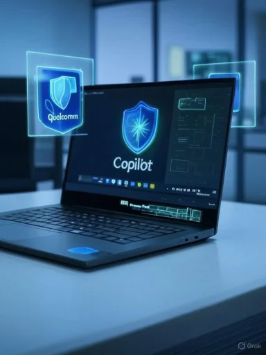 Laptop with holographic security shields labeled Copilot and Qualcomm.