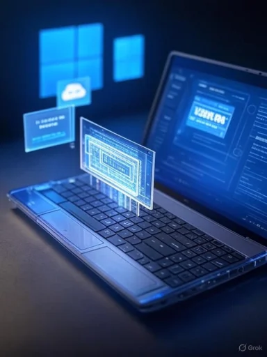 A laptop projects holographic code panels and blue UI elements in a futuristic setup.
