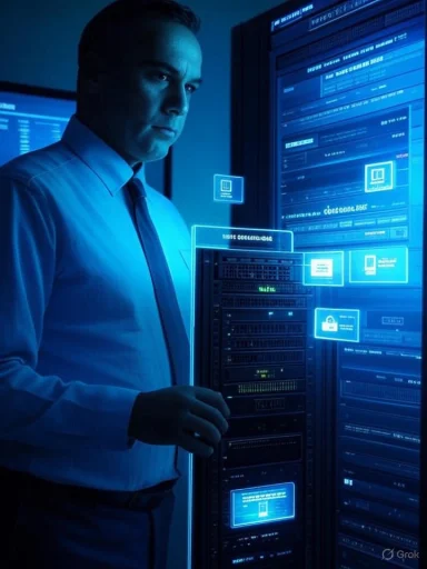 A suited IT professional monitors blue-lit server racks in a data center.