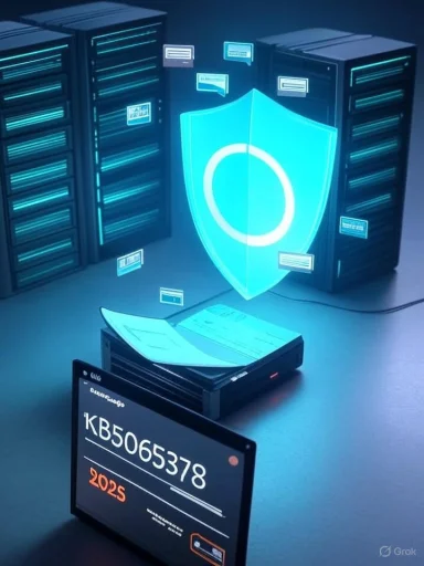 A glowing blue shield hovers before data servers, symbolizing cybersecurity.