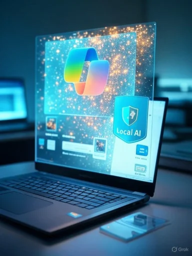 A laptop displays a vibrant, intertwined rainbow logo with a Local AI badge against a starry screen.
