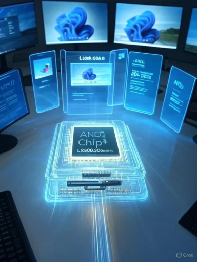 Futuristic blue holographic workstation with multiple screens surrounding a glowing central chip.