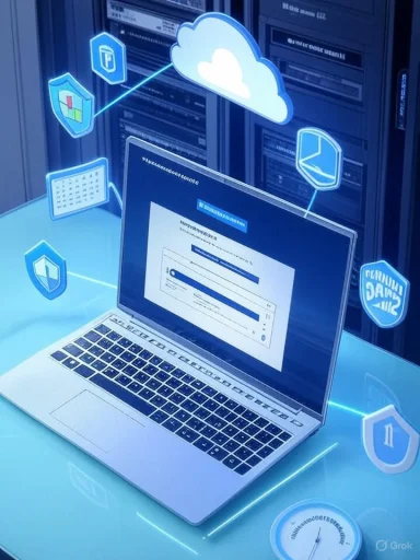 Laptop on a glass desk with holographic cloud and security icons illustrating cloud computing.