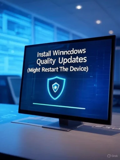 A computer monitor shows a blue update screen: “Install Windows Quality Updates” with a shield icon.