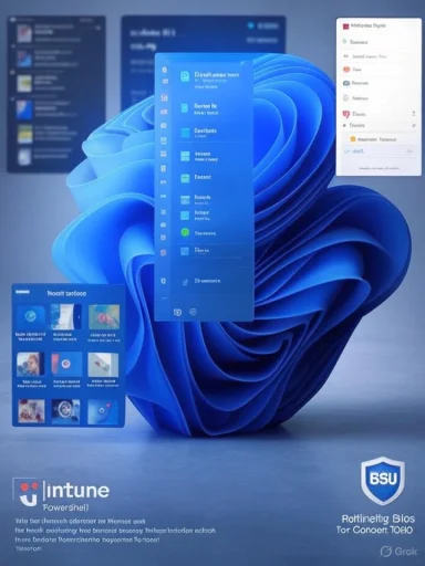 Blue promotional poster featuring floating Windows-style dashboards and app tiles.