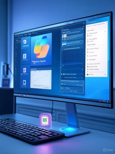 A blue-lit workstation with a large monitor, keyboard, and a glowing purple gadget on the desk.
