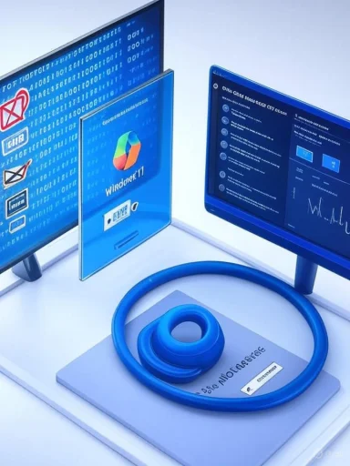 A futuristic workstation with Windows 11 on multiple screens and a glowing blue circular cable.
