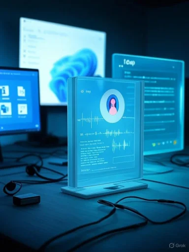 A blue holographic display shows a user profile with audio waveform on a desk.