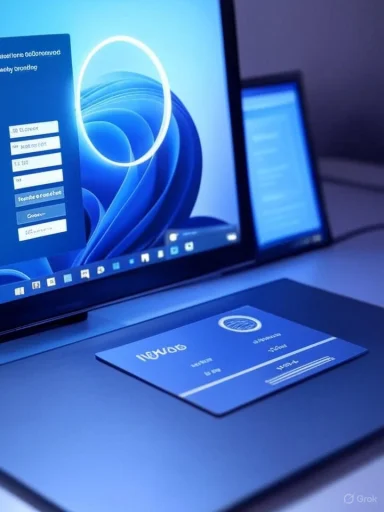 Blue-lit laptop setup with a futuristic business card on the keyboard.