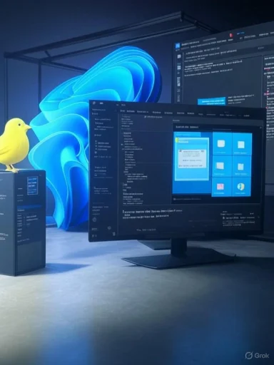 A yellow bird figurine sits on a PC tower beside a large monitor displaying Windows and code.