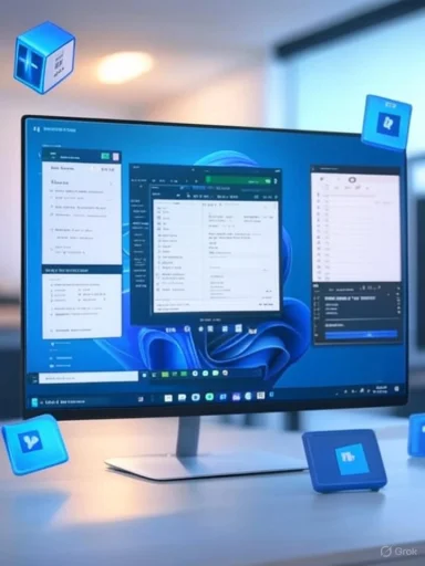 A computer monitor shows multiple windows with blue 3D icons floating around.