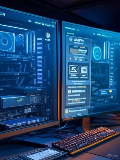 Blue-lit dual-monitor setup with an open PC case and exposed internals.