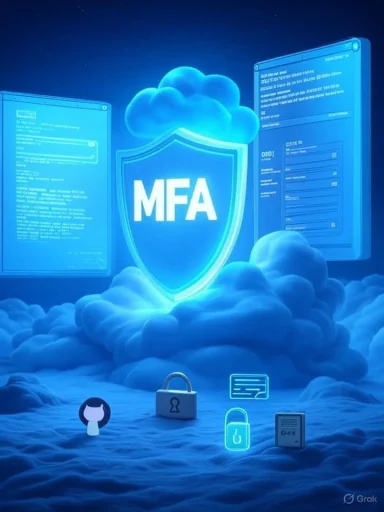 Glowing MFA shield amid clouds, flanked by code screens and security icons.