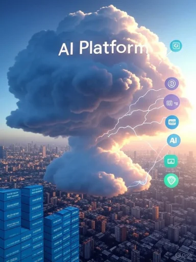 A giant cloud labeled 'AI Platform' hovers over a city, with AI icons aligned along its side.