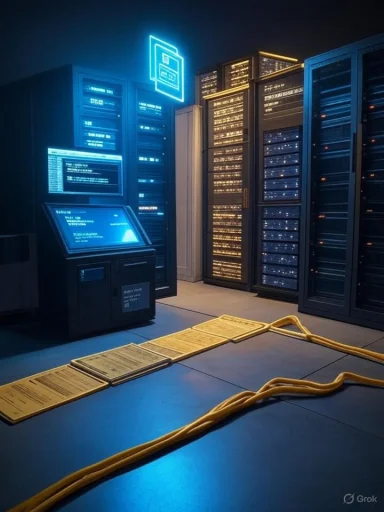 Dim data-center with blue neon lighting, server racks, a control console, and yellow cables on the floor.