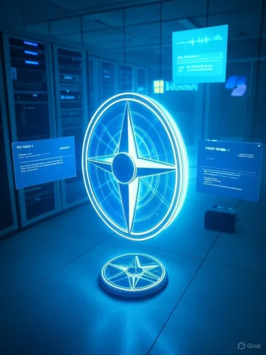 A neon blue compass hologram glowing in a data center.