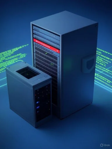 A tall server tower beside a smaller rack in a blue-lit data center.