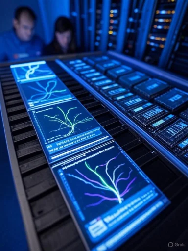 Two researchers monitor glowing neural diagrams on blue-lit screens in a data center.