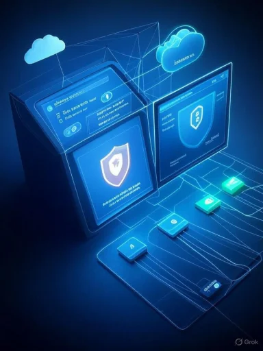Neon blue cybersecurity setup with shield icons and cloud connections.