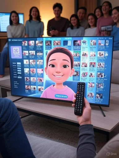 A person holds a remote as a TV shows a large animated avatar with a group of friends watching in the background.
