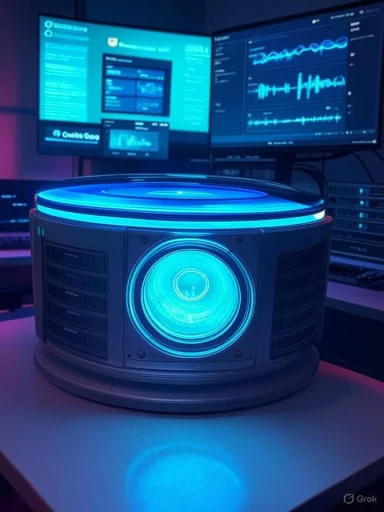 A blue-glowing circular data server sits in a high-tech control room.