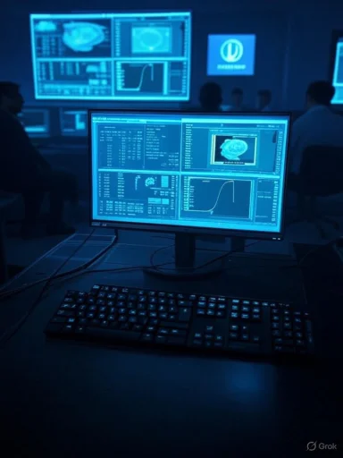 A dark, blue-lit lab with multiple screens showing brain scans and graphs.