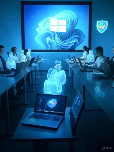 A futuristic computer lab with glowing holographic students and laptops.