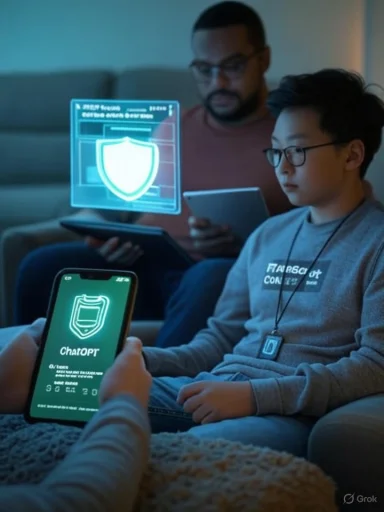A man and a boy view glowing shield holograms while using tablets and a phone.