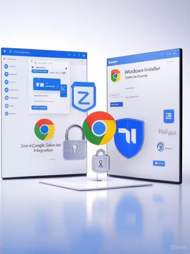 Two screens display Chrome icons, a shield, and a lock, symbolizing online security and privacy.