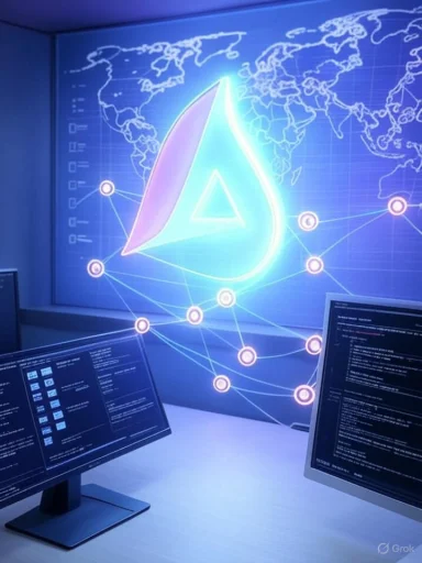 A high-tech control room with a neon world map, glowing network nodes, and code on monitors.