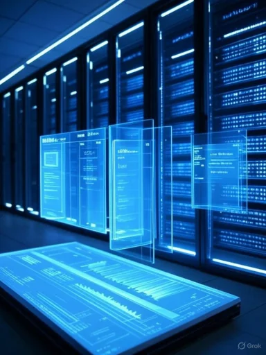 A futuristic data center with glowing blue holographic dashboards and rows of servers.