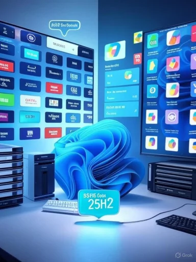 A futuristic data-center display with blue dashboards, servers, and a sculptural blue centerpiece.