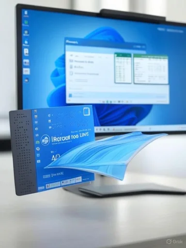Blue card-shaped device ejects a flowing blue sheet in front of a PC monitor. Blue card-shaped device ejects a flowing blue sheet in front of a PC monitor.
