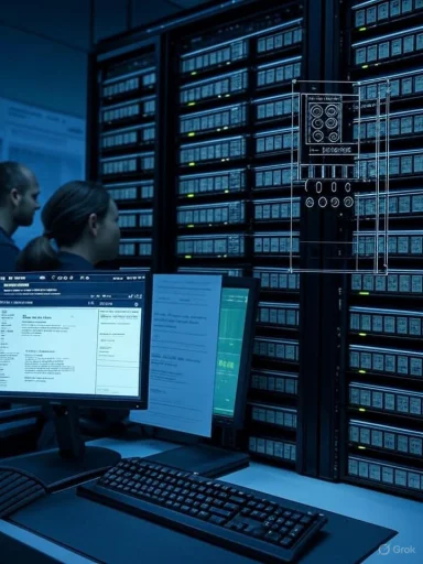 Data center with rows of server racks, monitors, and staff monitoring systems.