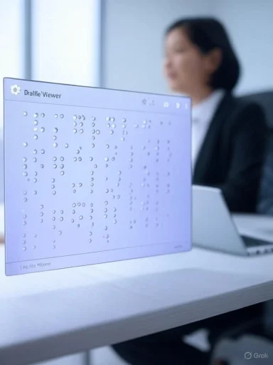 A person sits at a desk as a monitor shows a Braille dot matrix. A person sits at a desk as a monitor shows a Braille dot matrix.