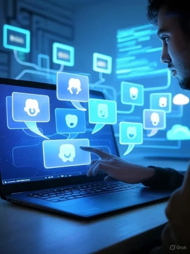 A person interacts with glowing blue holographic chat icons hovering over a laptop.