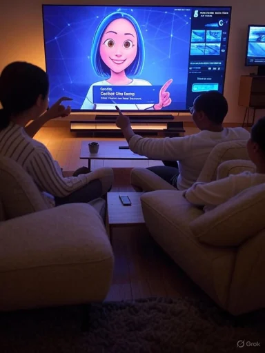 Three people on a couch watch a giant TV displaying a friendly cartoon avatar.
