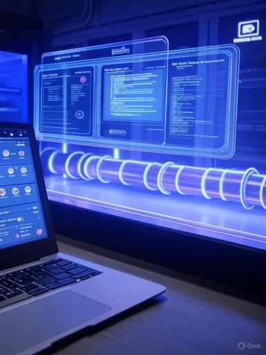 A laptop on a desk projects futuristic blue holographic data screens.