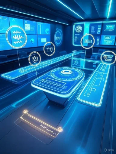 A futuristic blue-lit control room with holographic interfaces and glowing circular icons.