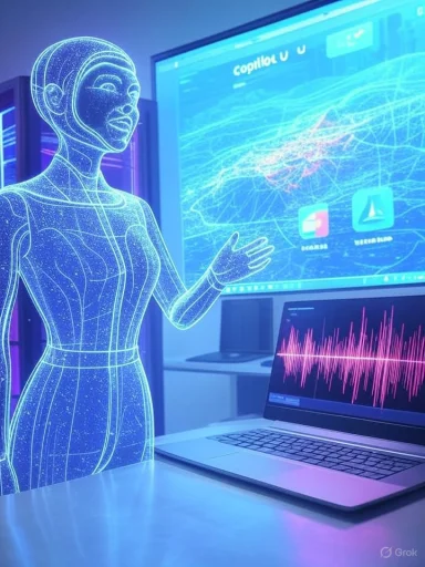 A holographic female figure presents data on a large screen beside a laptop.