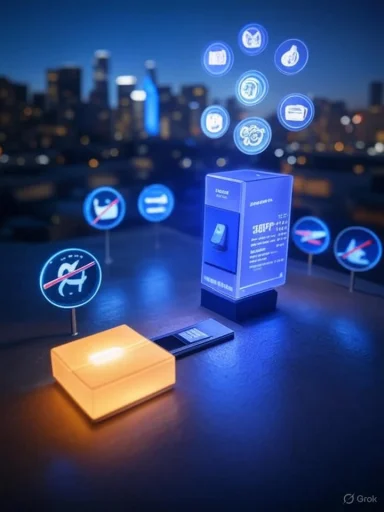 A futuristic gadget on display with floating holographic icons against a glowing night-city skyline.