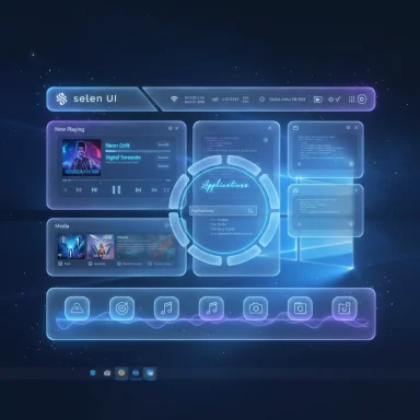A futuristic holographic UI with glowing blue panels and a central circular hub.