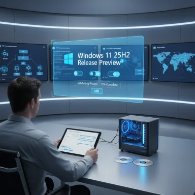 A tech professional tests Windows 11 25H2 Release Preview in a futuristic control room.