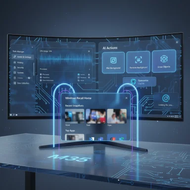 A futuristic setup with a curved monitor and holographic UI panels displaying AI actions.