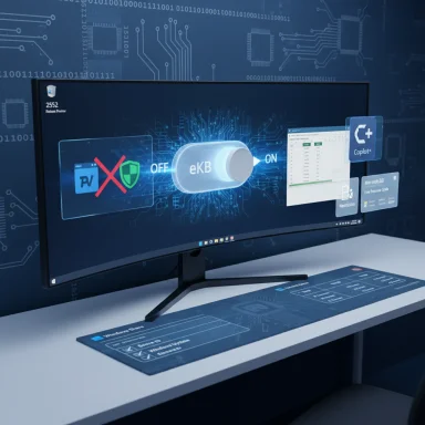 A futuristic workspace with a curved monitor displaying holographic digital interfaces.