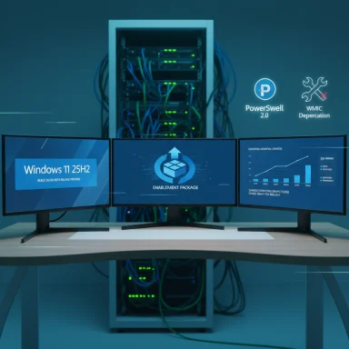 Triple-monitor workstation in front of a blue-lit server rack, displaying Windows 11 screens and data-center graphics.