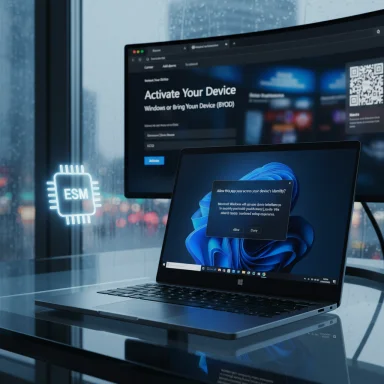 Laptop on a glass desk displays a Windows activation screen with a floating ESM icon.