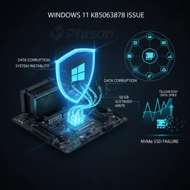Illustration of Windows 11 KB50563878 issue causing data corruption and NVMe SSD failure.