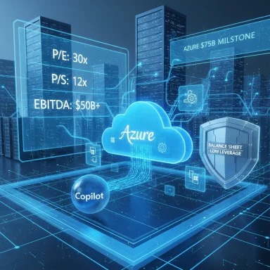 Futuristic Azure cloud dashboard with Copilot and holographic financial metrics.